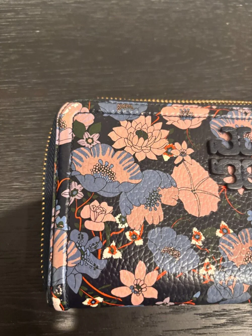 Tory Burch Thea Zip Black Continental Wallet with Blue and Pink Floral Design